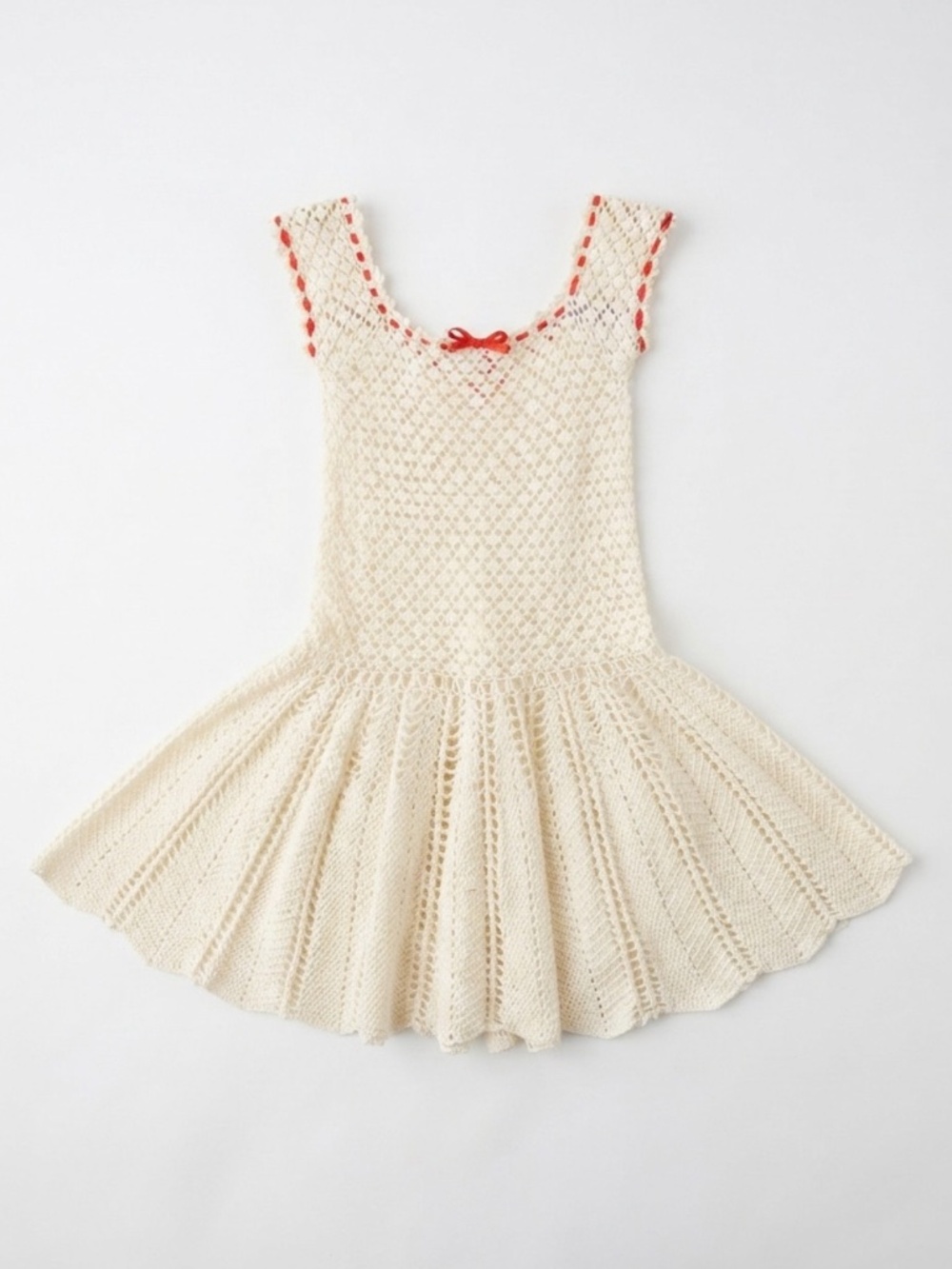 Vintage Handmade Crochet Girls Dress Cream Red Ribbon Accent Retro Summer
